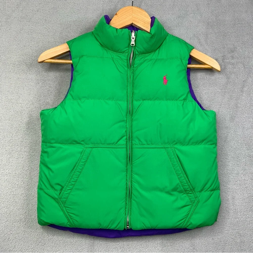 Ralph Lauren Purple/Green Reversible Full-Zip Puffer Vest. Kids Size Med. (8-10)